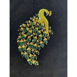 Peacock Green Rhinestone Enamel Statement Brooch Pin 3.25” Bird Fowl Unisex New